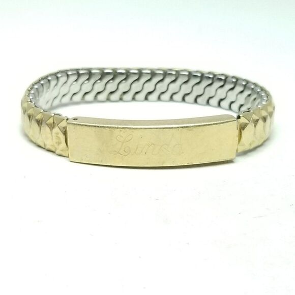 Vintage Engraved ID Bracelet, Linda Love Jim Gold Tone Stretch Band Bangle - Picture 7 of 7